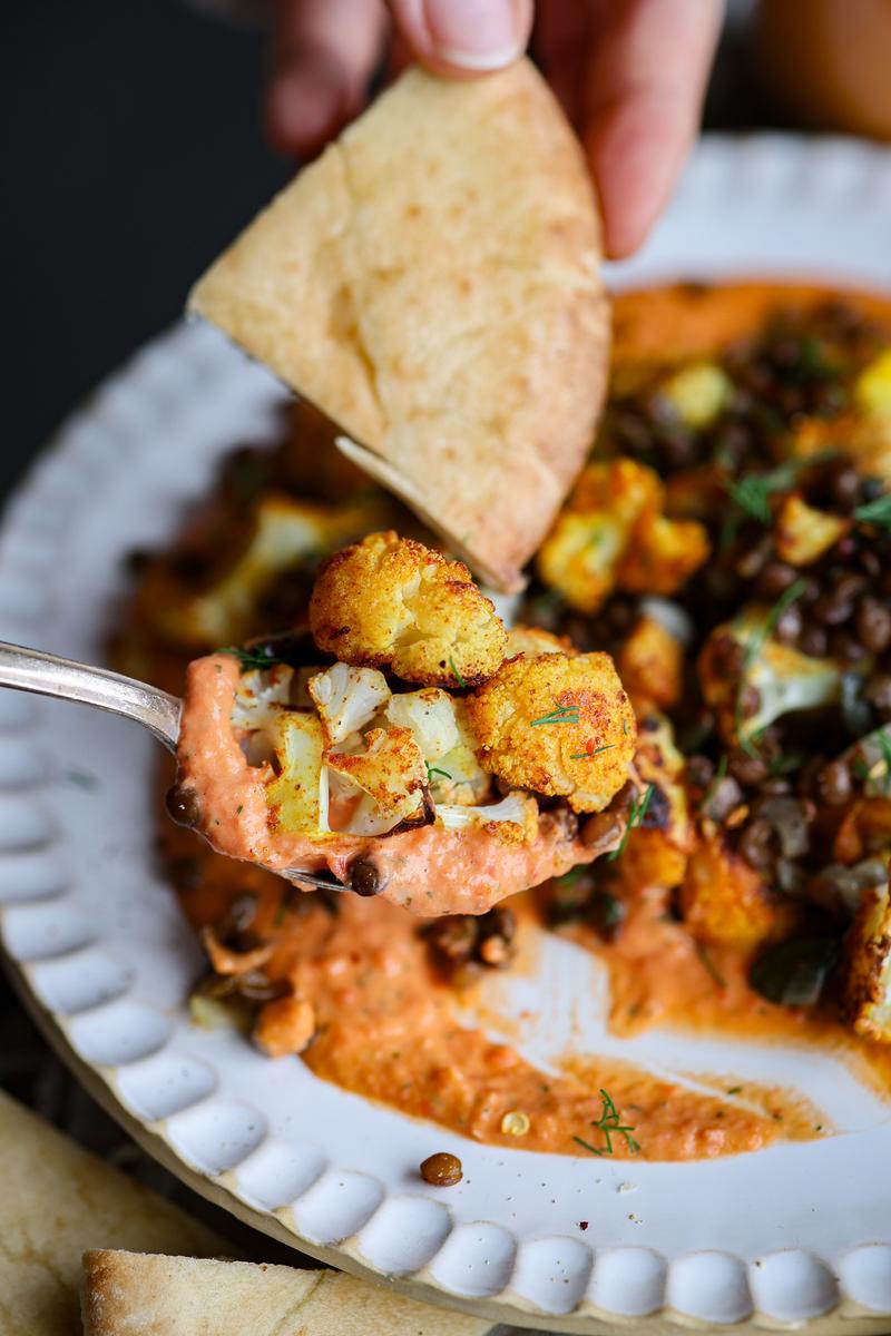 Process image of Smoky Roasted Cauliflower with Creamy Red Pepper Sauce