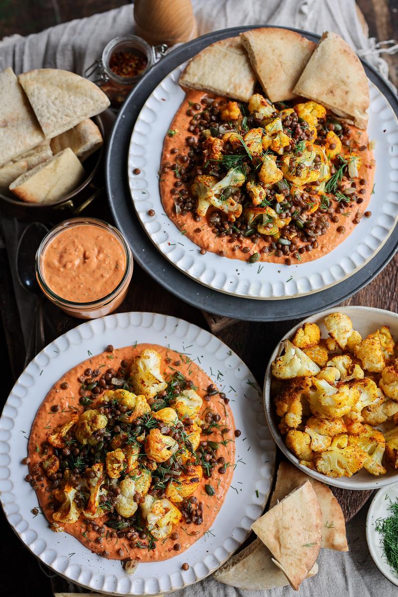 Process image of Smoky Roasted Cauliflower with Creamy Red Pepper Sauce