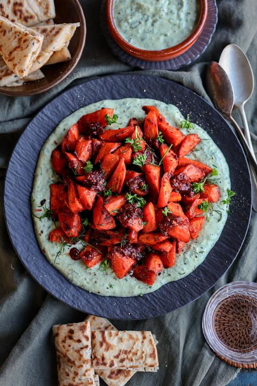 image of Spicy Sambal Roasted Carrots with Herby Yogurt