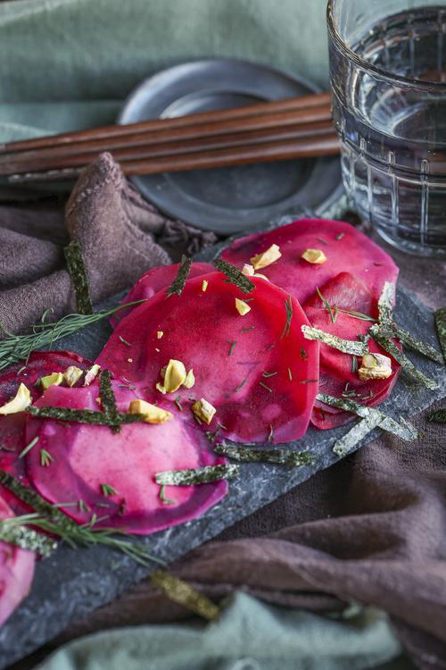 image of Beetroot Ravioli with Cashew Sea Cream