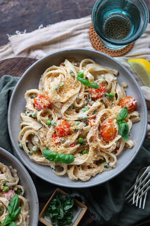 image of Lemony Tahini Tagliatelle with Burst Cherry Tomatoes