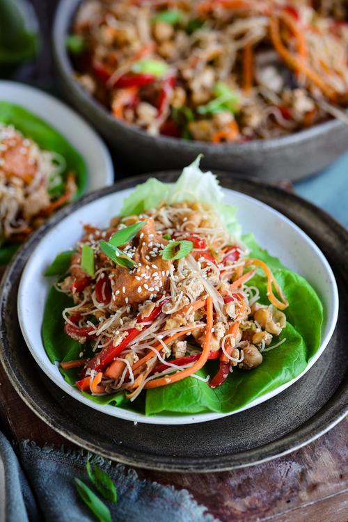 High Protein Lettuce Wraps with a Creamy Peanut Sauce Pick Up Limes