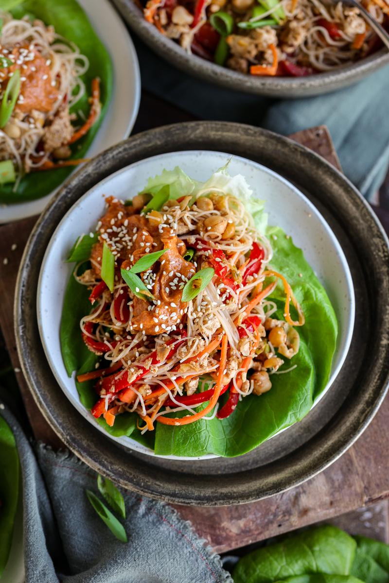 High Protein Lettuce Wraps with a Creamy Peanut Sauce Pick Up Limes