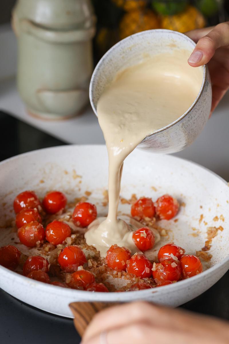 Process image of Lemony Tahini Tagliatelle with Burst Cherry Tomatoes
