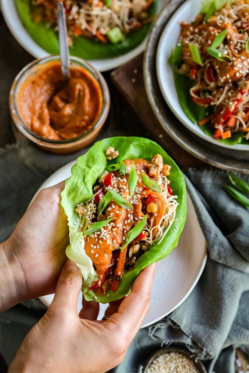 High Protein Lettuce Wraps with a Creamy Peanut Sauce Pick Up Limes