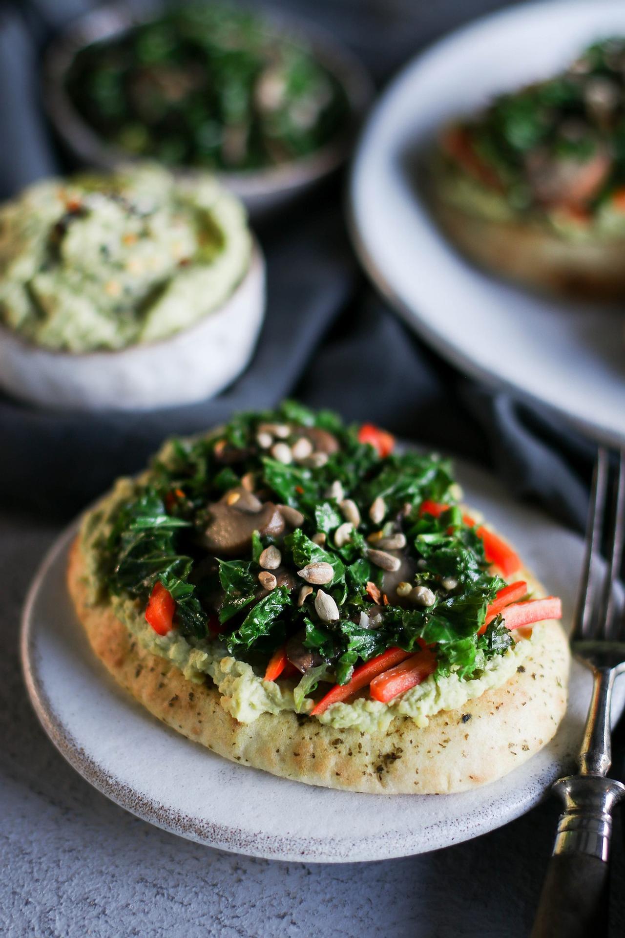 Main image of Avocado Hummus Toast with Miso Mushroom and Kale Sauté
