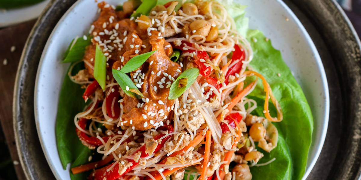 High Protein Lettuce Wraps with a Creamy Peanut Sauce Pick Up Limes