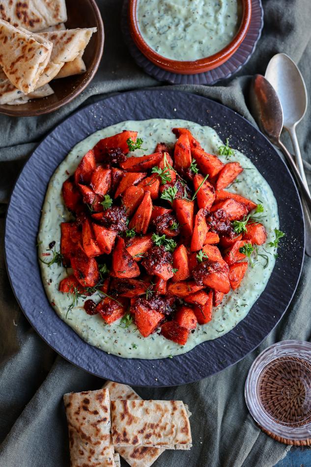 image of Spicy Sambal Roasted Carrots with Herby Yogurt