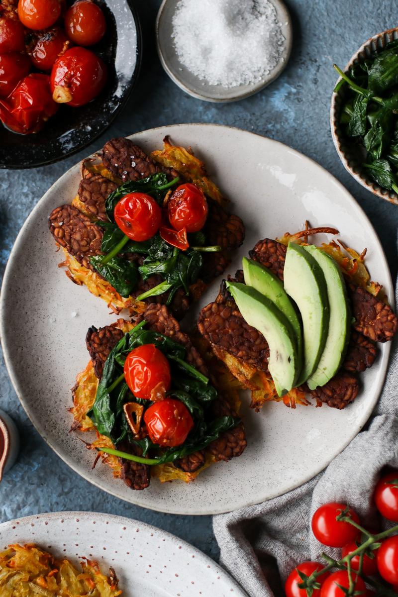 Potato Hash Cakes with Baked Marinated Tempeh Pick Up Limes