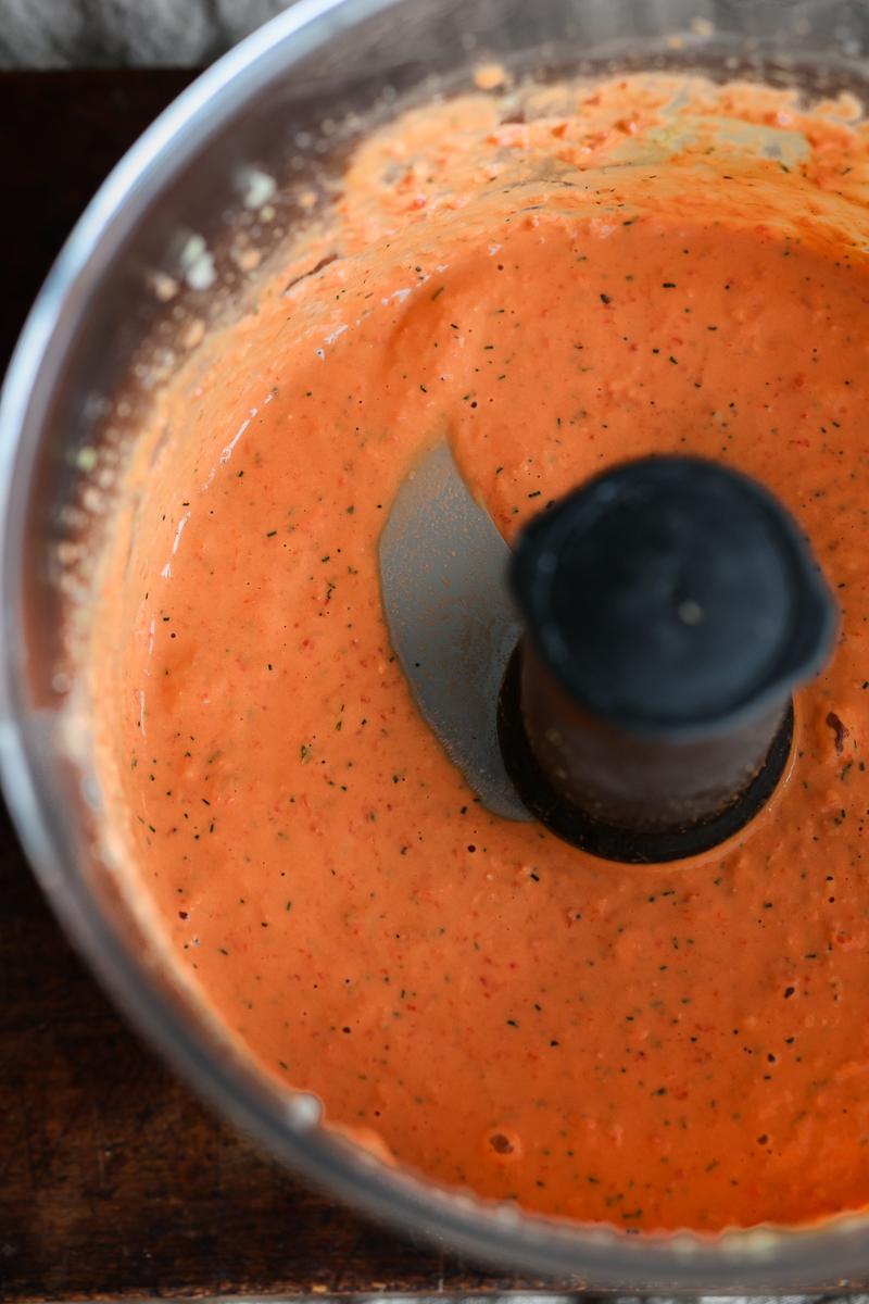 Process image of Smoky Roasted Cauliflower with Creamy Red Pepper Sauce