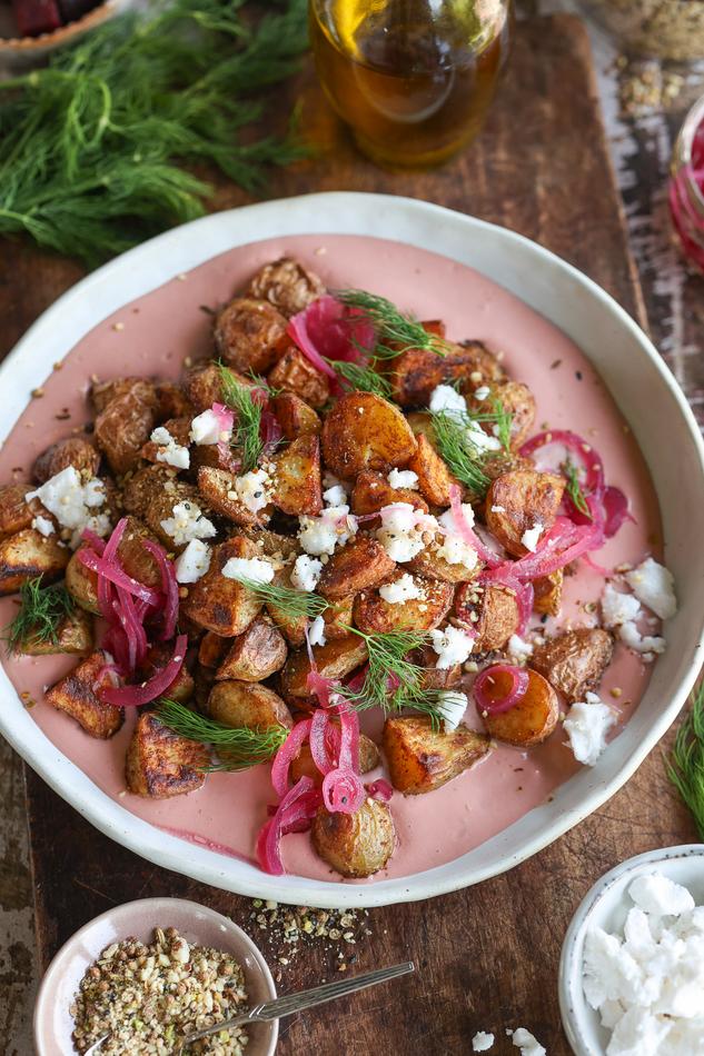 image of Roasted Potatoes with Beet Feta Yogurt Cream