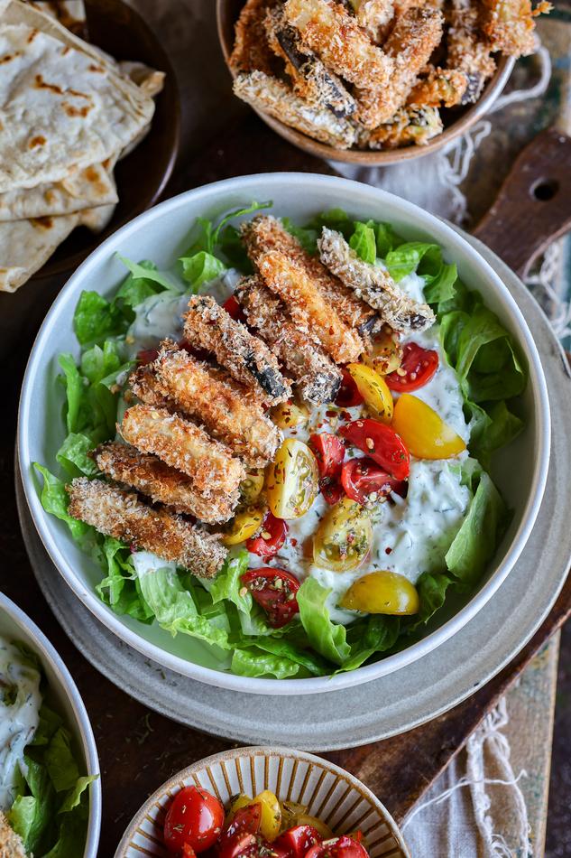 image of Crispy Baked Eggplant & Zucchini Tzatziki Nourish Bowl