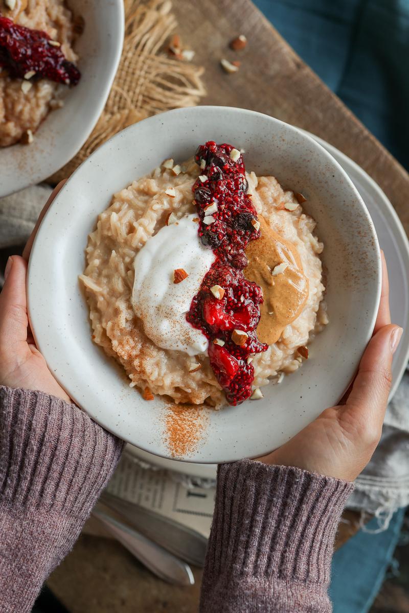 Process image of Coconut Rice Porridge with Berry Chia Jam