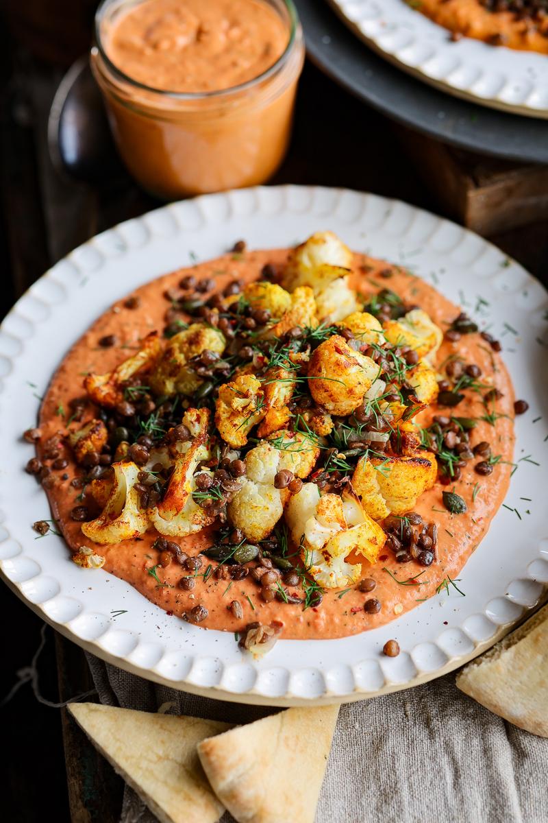 Process image of Smoky Roasted Cauliflower with Creamy Red Pepper Sauce