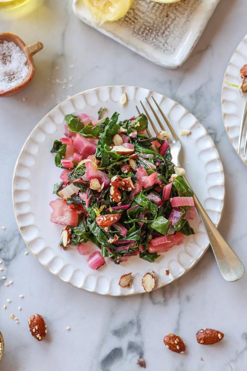 image of Lemony Swiss Chard with Miso Maple Almonds